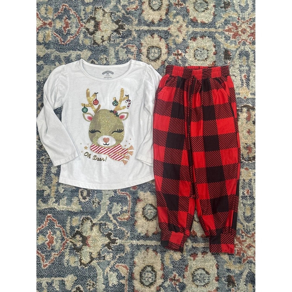 Holiday Time Set Girls 3T White Red Reindeer Buffalo Plaid